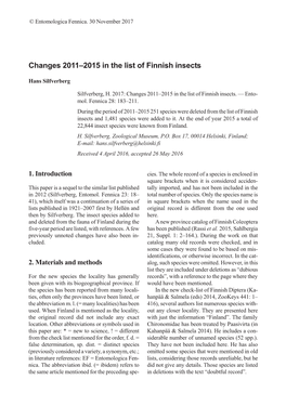 Changes 2011–2015 in the List of Finnish Insects
