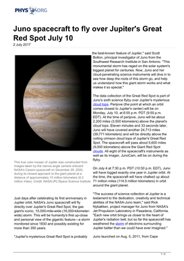 Juno Spacecraft to Fly Over Jupiter's Great Red Spot July 10 2 July 2017