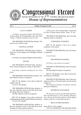 Congressional Record O H Th PLENARY PROCEEDINGS of the 17 CONGRESS, FIRST REGULAR SESSION 1 P 907 H S ILIPPINE House of Representatives