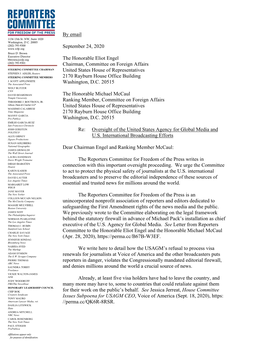 Letter from Reporters Stanford Law School CHARLIE SAVAGE Committee to the Honorable Eliot Engel and the Honorable Michael Mccaul the New York Times (Apr