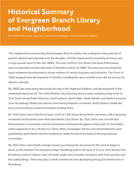 Historical Summary of Evergreen Branch Library and Neighborhood from Michelle Enke, Special Collections Manager, Wichita Public Library