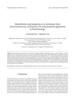 Identification and Properties of a Keratinase from Stenotrophomonas Maltophilia N4 with Potential Application in Biotechnology