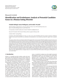 Identification and Evolutionary Analysis of Potential Candidate Genes in a Human Eating Disorder