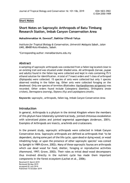 Short Notes on Saproxylic Arthropods of Batu Timbang Research Station, Imbak Canyon Conservation Area