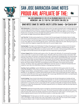 PROUD AHL AFFILIATE of THE: SAN JOSE BARRACUDA (12-20-0-2) Vs COLORADO EAGLES (19-11-3-1) J Date Team Result 10/4 @ONT 0-5, L WEDNESDAY, JAN