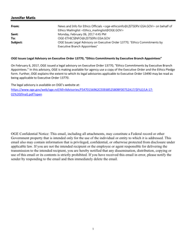 Jennifer Matis OGE Confidential Notice: This Email, Including All Attachments, May Constitute a Federal Record Or Other Governme