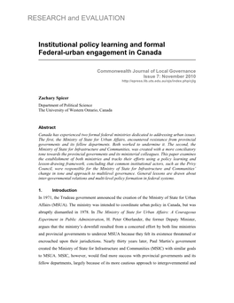 RESEARCH and EVALUATION Institutional Policy Learning and Formal Federal-Urban Engagement in Canada