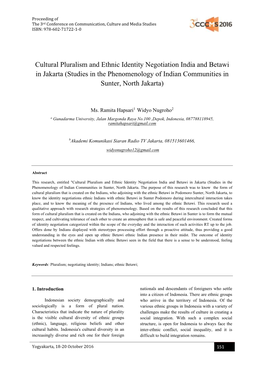 Cultural Pluralism and Ethnic Identity Negotiation India and Betawi in Jakarta (Studies in the Phenomenology of Indian Communities in Sunter, North Jakarta)