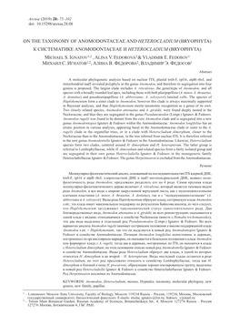 On the Taxonomy of Anomodontaceae and Heterocladium (Bryophyta) К Систематике Anomodontaceae И Heterocladium (Bryophyta) Michael S