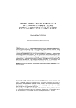 Kind and Unkind Communicative Behaviour of Cartoon Characters As a Source of Language Competence for Young Children