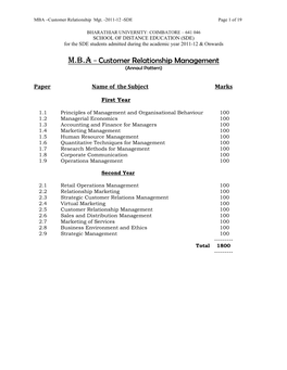 MBA – Customer Relationship Management