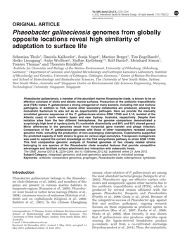 Phaeobacter Gallaeciensis Genomes from Globally Opposite Locations Reveal High Similarity of Adaptation to Surface Life