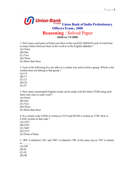 Solved Paper (Held on 7-9-2008)