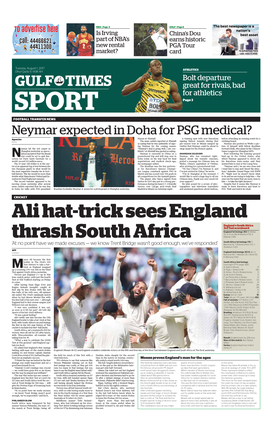 GULF TIMES Great for Rivals, Bad for Athletics SPORT Page 3 FOOTBALL TRANSFER NEWS Neymar Expected in Doha for PSG Medical? Agencies Nasser Al-Khelaiﬁ