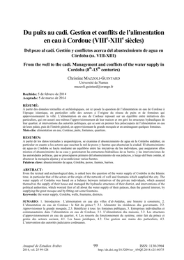 Du Puits Au Cadi. Gestion Et Conflits De L'alimentation En Eau À Cordoue (Viiie-Xiiie Siècles)