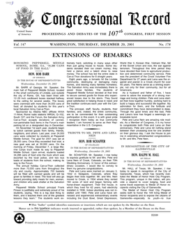 Congressional Record United States Th of America PROCEEDINGS and DEBATES of the 107 CONGRESS, FIRST SESSION