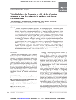 Triptolide Induces the Expression of Mir-142-3P: a Negative Regulator of Heat Shock Protein 70 and Pancreatic Cancer Cell Proliferation