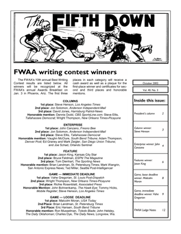 FWAA Writing Contest Winners the FWAA's 10Th Annual Best Writing Places in Each Category Will Receive a Contest Results Are Listed Below