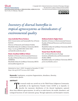 Inventory of Diurnal Butterflies in Tropical Agroecosystems As Bioindicators of Environmental Quality