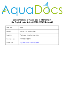 7. Concentrations of Major Ions in 182* Other Tarns