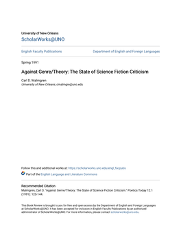 Against Genre/Theory: the State of Science Fiction Criticism