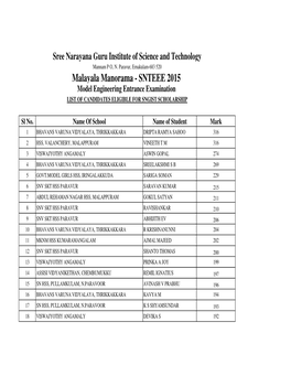 SNTEEE 2015 Model Engineering Entrance Examination LIST of CANDIDATES ELIGIBLE for SNGIST SCHOLARSHIP
