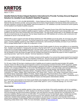 Asiasat Selects Kratos Integral Systems International to Provide Turnkey Ground Segment Solution for Asiasat 6 and Asiasat 8 Satellite Programs