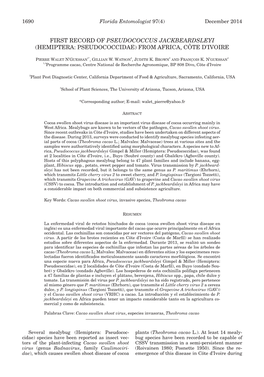 First Record of Pseudococcus Jackbeardsleyi (Hemiptera: Pseudococcidae) from Africa, Côte D’Ivoire