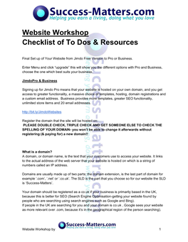 Website Workshop Checklist of to Dos & Resources