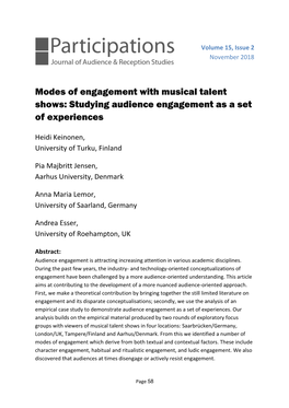Modes of Engagement with Musical Talent Shows: Studying Audience Engagement As a Set of Experiences