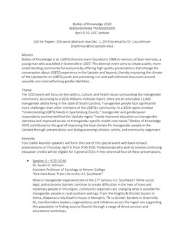 Bodies of Knowledge 2020 REENVISIONING TRANSGENDER April 9-10, USC Upstate Call for Papers: 250-Word Abstracts Due Dec. 1, 2019