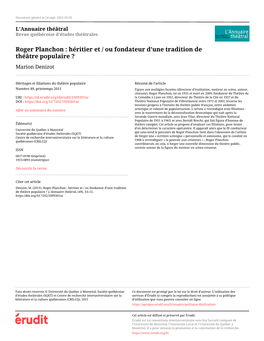 Roger Planchon : Héritier Et / Ou Fondateur D’Une Tradition De Théâtre Populaire ? Marion Denizot