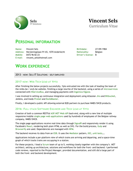 Vincent Sels Curriculum Vitae