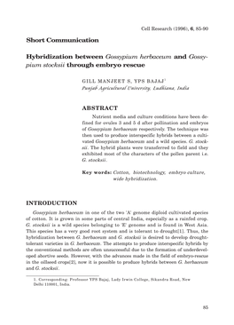 Hybridization Between Gossypium Herbaceum and Gossypium Stocksii