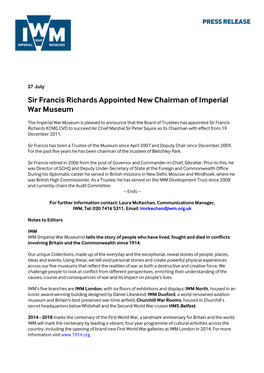 Sir Francis Richards Appointed New Chairman of Imperial War Museum