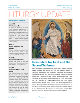 Liturgy Update Archdiocese of New York Vol 6.2 - March 2019 Ofﬁce of Liturgy LITURGY UPDATE Liturgical Memos