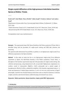 Single-Crystal Diffraction at the High-Pressure Indo-Italian Beamline Xpress at Elettra, Trieste
