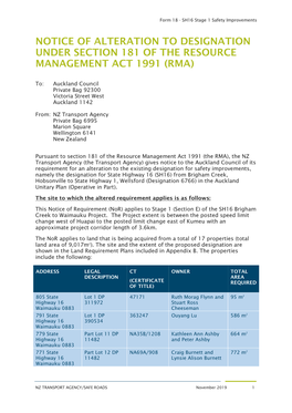 Form 18 - SH16 Stage 1 Safety Improvements