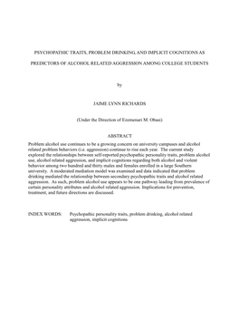 Psychopathic Traits, Problem Drinking, and Implicit Cognitions As Predictors of Alcohol Related Aggression Among College Student