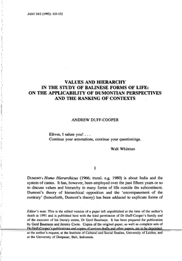 Values and Hierarchy in the Study of Balinese Forms of Life: on the Applicability of Dumontian Perspectives and the Ranking of Contexts