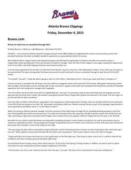 Atlanta Braves Clippings Friday, December 4, 2015 Braves.Com