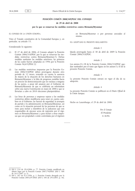 POSICIÓN COMÚN 2008/349/PESC DEL CONSEJO De 29 De Abril De 2008 Por La Que Se Renuevan Las Medidas Restrictivas Contra Birmania/Myanmar