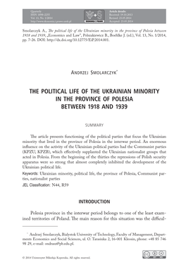 The Political Life of the Ukrainian Minority in the Province of Polesia Between 1918 and 1939, „Economics and Law”, Polszakiewicz B., Boehlke J