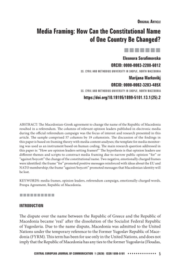 Media Framing: How Can the Constitutional Name of One Country Be Changed?  Eleonora Seraﬁ Movska ORCID: 0000-0003-2208-6012 SS