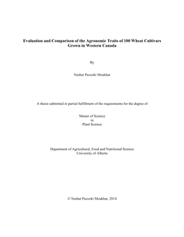 Evaluation and Comparison of the Agronomic Traits of 100 Wheat Cultivars Grown in Western Canada