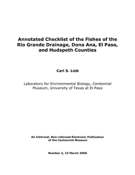 Annotated Checklist of the Fishes of the Rio Grande Drainage, Dona Ana, El Paso, and Hudspeth Counties
