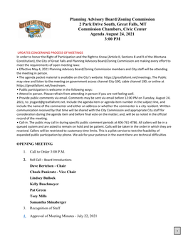 Planning Advisory Board/Zoning Commission 2 Park Drive South, Great Falls, MT Commission Chambers, Civic Center Agenda August 24, 2021 3:00 PM