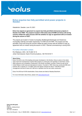 Eolus Acquires Two Fully Permitted Wind Power Projects in Sweden