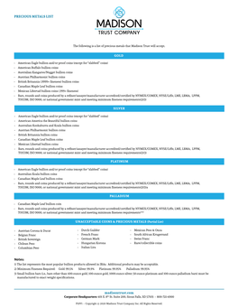 Precious Metals List