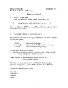 LINGUISTICS 221 LECTURE #12 Features (Continued) 3. VOWEL